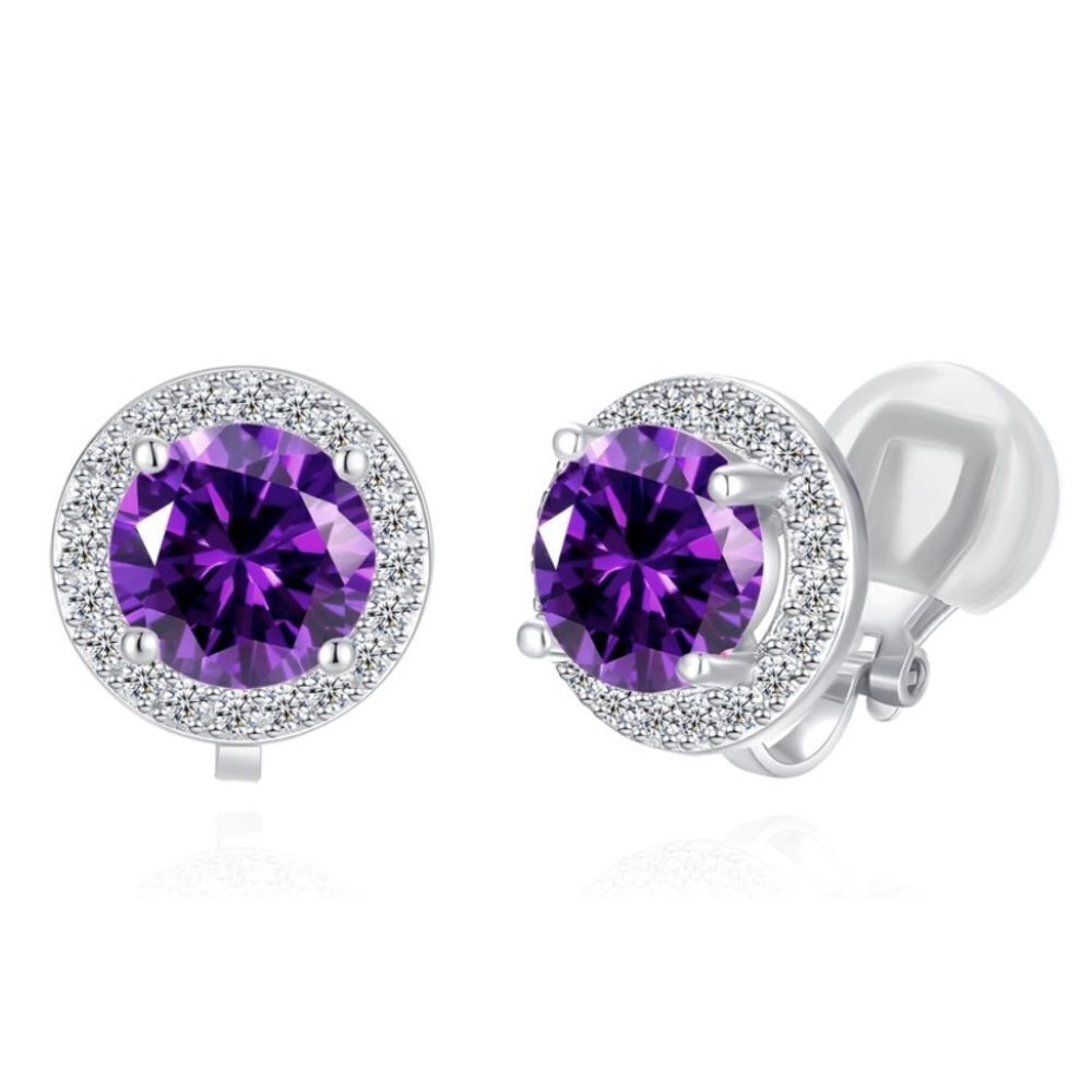 Silver with Purple Amethyst and Diamond Cubic Zirconia Stud Clip On Earrings